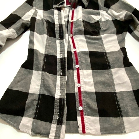 Black White Long Sleeve Button-down Plaid Cotton Flannel Shirt Medium Grunge - Picture 8 of 15